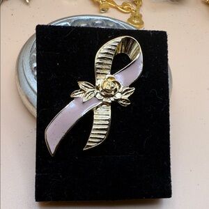 Gold and Pink Ribbon Brooch